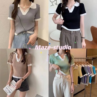 Maze*พร้อมส่ง*เสื้อไหมพรมร่อง คอปก ขอบคนละสีกับตัวเสื้อ แฟชั่น เรียบหรู คุณหนูน่ารัก(81011)