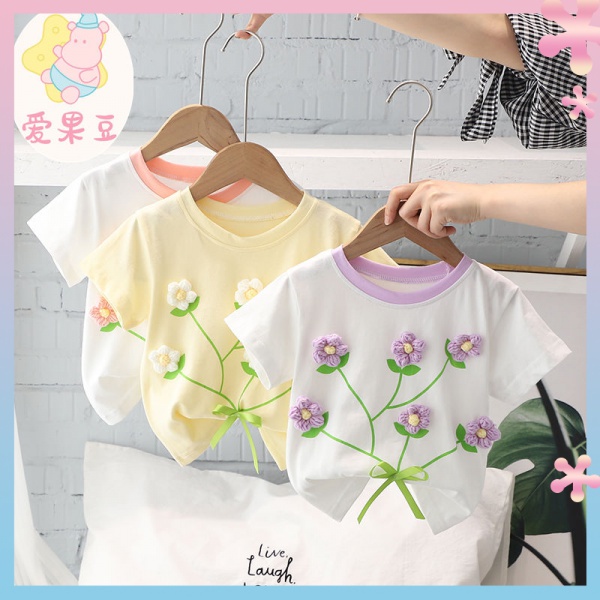 2022 New girls' summer Western style flower T-shirt children's sweet flower short sleeve baby cotton comfortable top