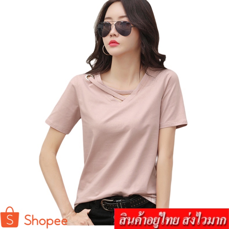 fashion เสื้อยืดเเขนสั้นสีพื้นผู้หญิง เสื้อแฟชั่นผู้หญิง รุ่น 978