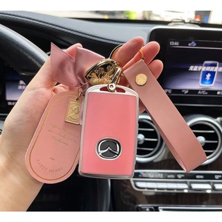 เคสรีโมทกุญแจรถยนต์ สำหรับรถ New Mazda 3 sky CX30 ,cx3 TPU แบบ สีชมพู พร้อมสายคล้องน้องโบว์