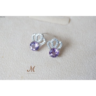 Meena Gems ต่างหูอเมทิสแท้ขนาดพลอยข้างละ 6 มิล ตัวรือนเงินแท้ พลอยแท้เสริมดวง จัดส่งฟรีพร้อมกล่อง