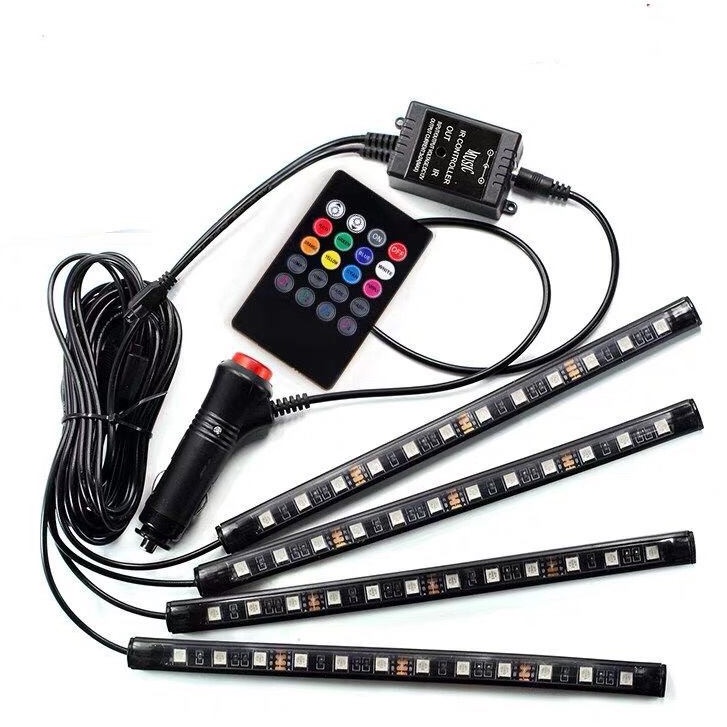 ไฟส่องเท้า เปลี่ยนสี 8สี กระพริบตามจังหวะเพลงอัตโนมัติ ไฟ4ซ่อ+รีโมท 12LED เล่นได้ 4รายการตามเสียง12V