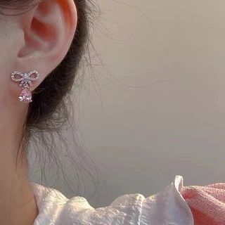 2022 ชุดต่างหูชุดสองชิ้นโบว์กลวงเพทายสีชมพู