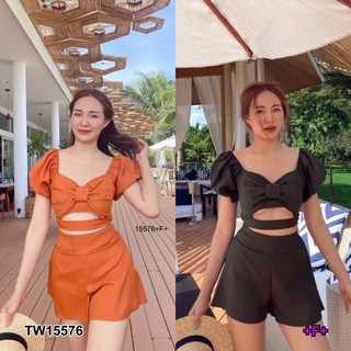 TwinsShopVip💗พร้อมส่ง TW15576 Set 2 ชิ้น เสื้อแขนตุ๊กตาโบว์อก + กางเกงขาสั้น Set of 2 pieces, doll sleeves, bo