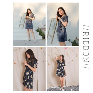 Ribbon Dress printed fabric เดรสสั้น ทรงป้าย ผูกเอว ผ้าลาย