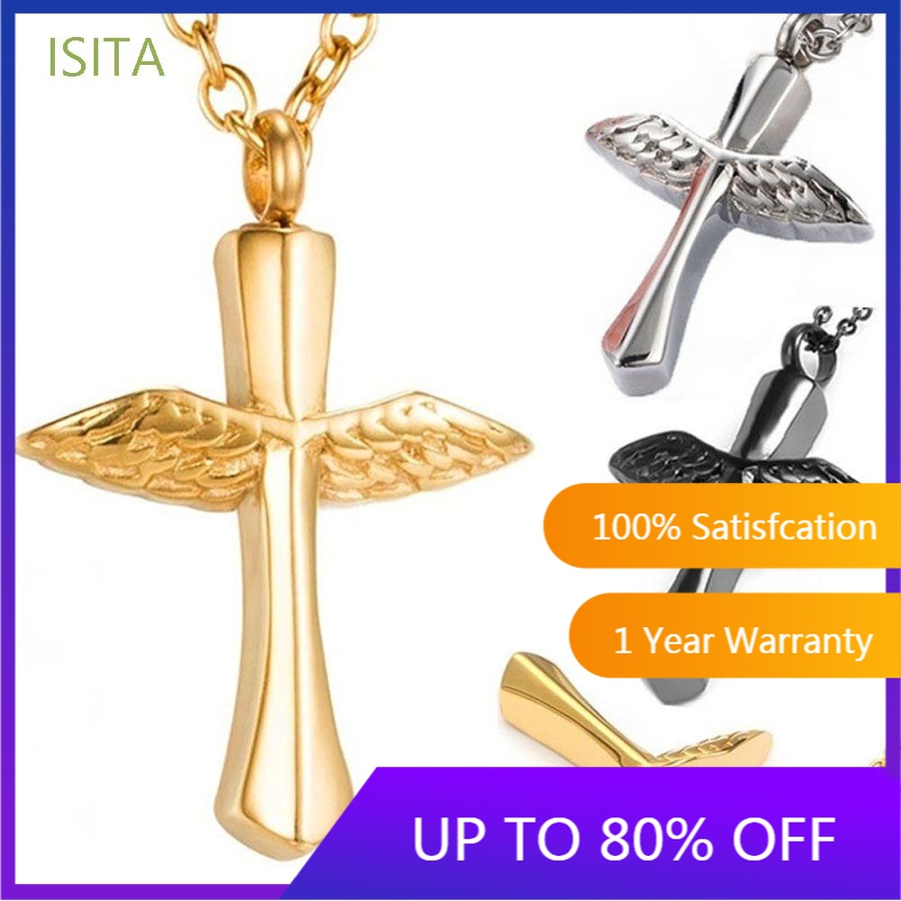 WADIISITA แฟชั่นเครื่องประดับสแตนเลส Vial จี้ Urn สร้อยคอ 1 pcs Cross Keepsake Memorial Angel Wings 