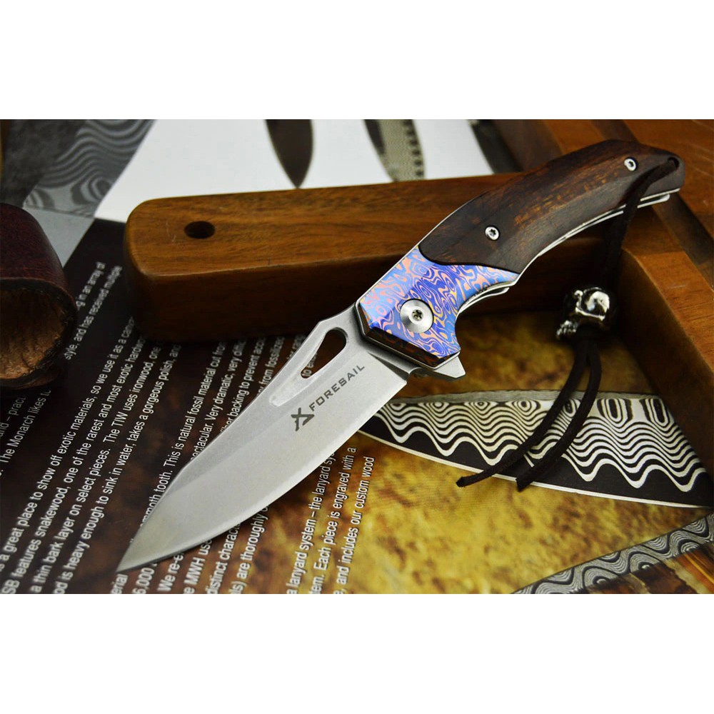 มีดแคมป์ pocket knife Foresail FS0906-M390 มีดสนาม เหล็ก M390 ใบ 3" Ceramic ball bearing ด้ามไม้ พร้