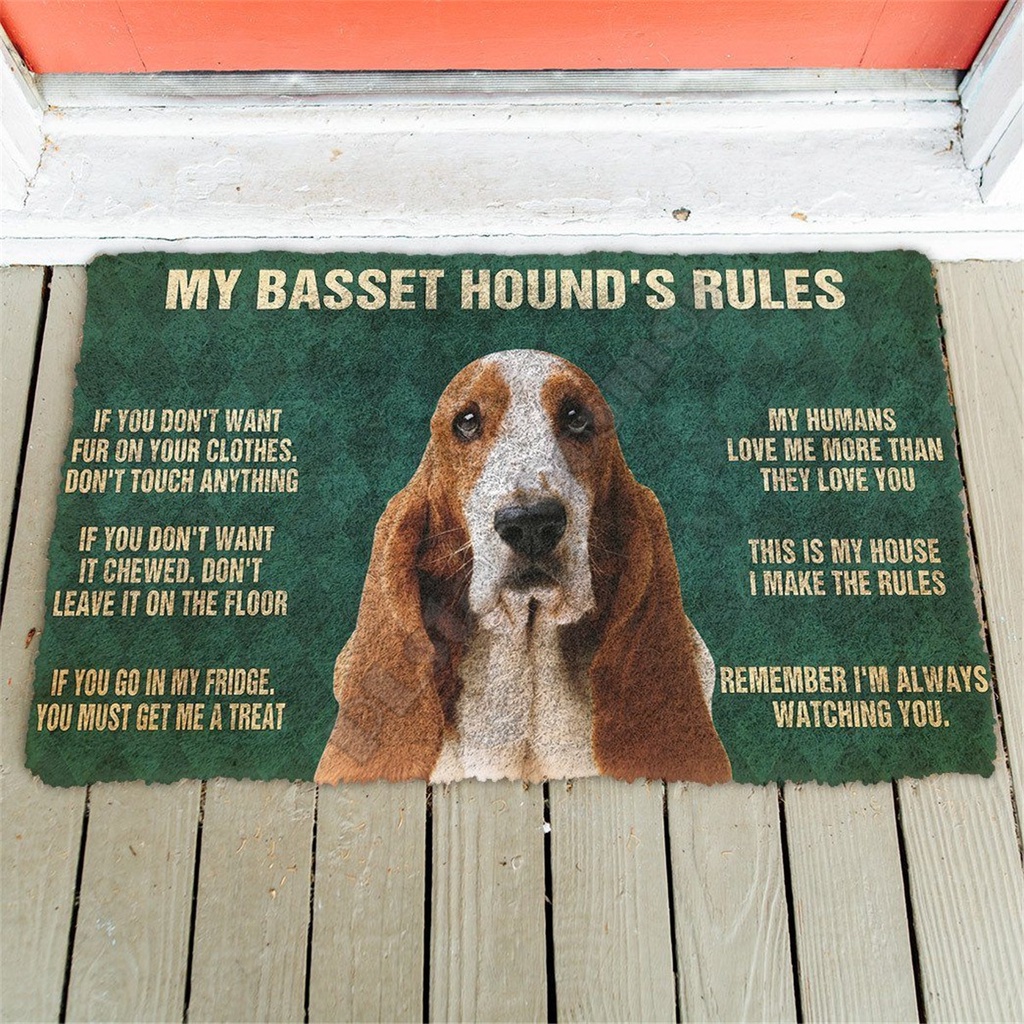 พรมเช็ดเท้า พิมพ์ลาย My Basset Hound's Rules 3 มิติ กันลื่น สําหรับตกแต่งบ้าน