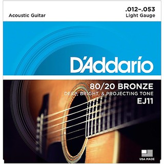 สายกีตาร์โปร่ง DAddario EJ11 80/20 Bronze Acoustic Guitar Strings, Light, 12-53 เบอร์ 12-53 (Made in USA) ของแท้ 100%