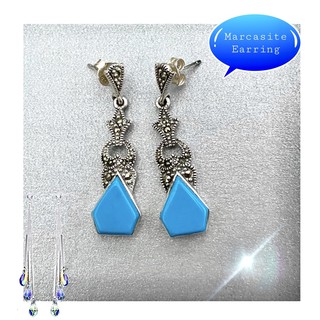 ต่างหูเงินแท้925 ตัวเรือนเงินแท้ประดับมาร์คาไซท์&amp;เทอร์ควอยซ์(Marcasite Earring)