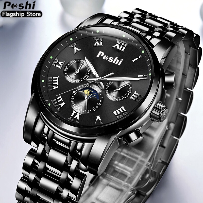POSHI นาฬิกาผู้ชายนาฬิกาอัตโนมัติสําหรับผู้ชายกันน้ําสแตนเลสนาฬิกาอะนาล็อกผู้ชายนาฬิกากีฬาส่องสว่าง