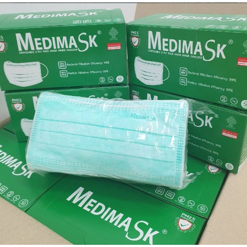 MEDIMASK หน้ากากอนามัยทางการแพทย์ สีเขียว หนา 3ชั้น