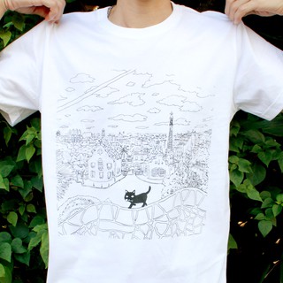 เสื้อยืดไก่3 ลาย Black cat สีขาว