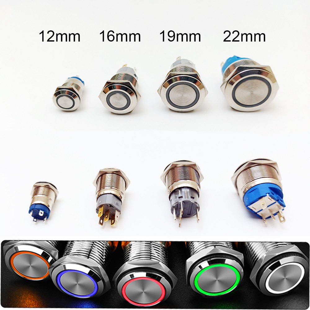 12 มม.16 มม.อิเล็กทรอนิกส์ Chrome Pin เท้าไฟ LED โลหะปุ่มกด Momentary สวิทช์กันน้ํา 12 V 220 V 24 V 3 V 6 V LED ปุ่มสวิทช์