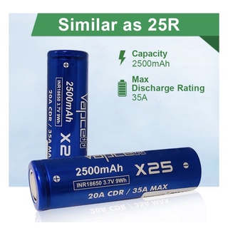 ถ่านชาร์จVapcell X25 INR18650 2500mAh[ได้ถ่าน2ก้อน][ของแท้100%จากตัวแทนจำหน่าย]แถมกระเป๋า