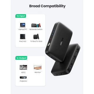 Ugreen HDMI Switch 3 in 1 Out 4K HDMI Switcher Splitter with Remote Control Support 4K 30Hz 3D HD 1080P รุ่น 80125
