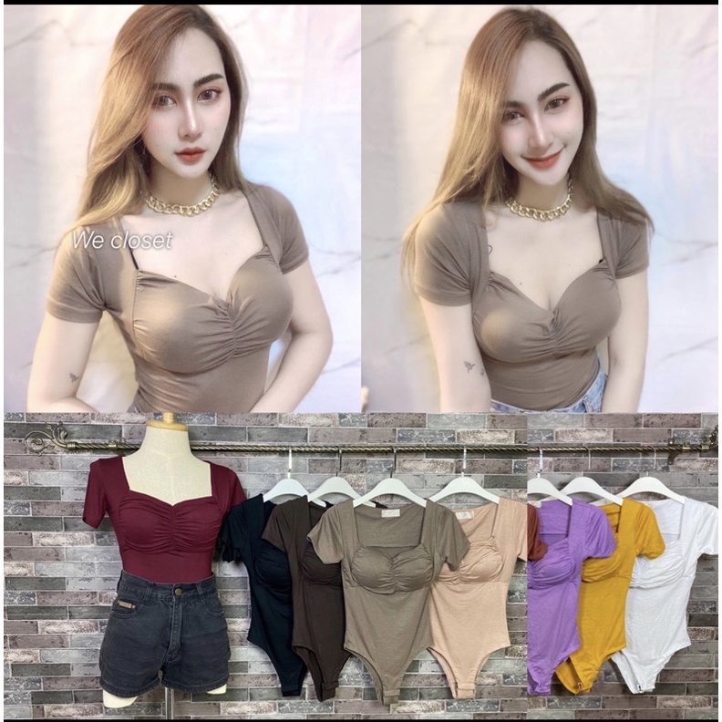 💕ShopBypuy💕บอดี้สูทหย่นหน้าแขนสั้นเสริมฟองน้ำ 🔥ดำเข้าเพิ่มจ้า📌