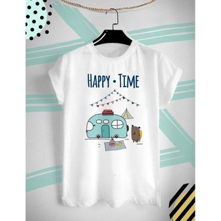 เสื้อยืดสกรีนลาย Happy Time ไปเที่ยวกัน ใส่สบายๆในวันหยุด ไม่ยืด ไม่ย้วย