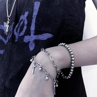 สร้อยข้อมือ 2 ชั้น รูปไม้กางเขนสลับกระดิ่ง สร้อยข้อมือโซ่ สร้อยข้อมือ กำไลข้อมือ เครื่องประดับแฟชั่น เกาหลี  B33