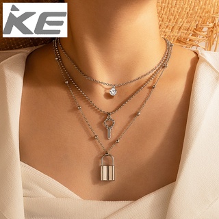 Exaggerated Jewelry Lock Key Three Necklace Silver Diamond Necklace for girls for women low p