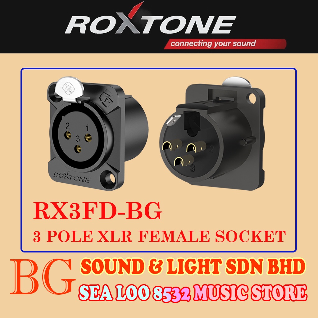 ROXTONE RX3FD-BG 3 POLE XLR ซ็อกเก็ตหญิง, เปลือกสีสีดํา