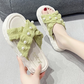 Fshoes ✨เรองเท้าแตะสายไขว้ ติดไข่มุก ทรงสวย ดีไซน์เก๋ แปลกใหม่🌟สีพาสเทลสุดๆ เกาหลี เกาใจ💘