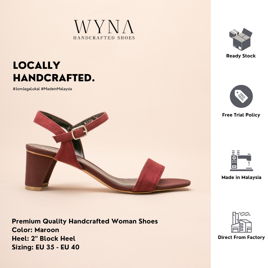 WYNA Ankle Strap Block Heel [Local Handcrafted] สีน้ําตาลแดง