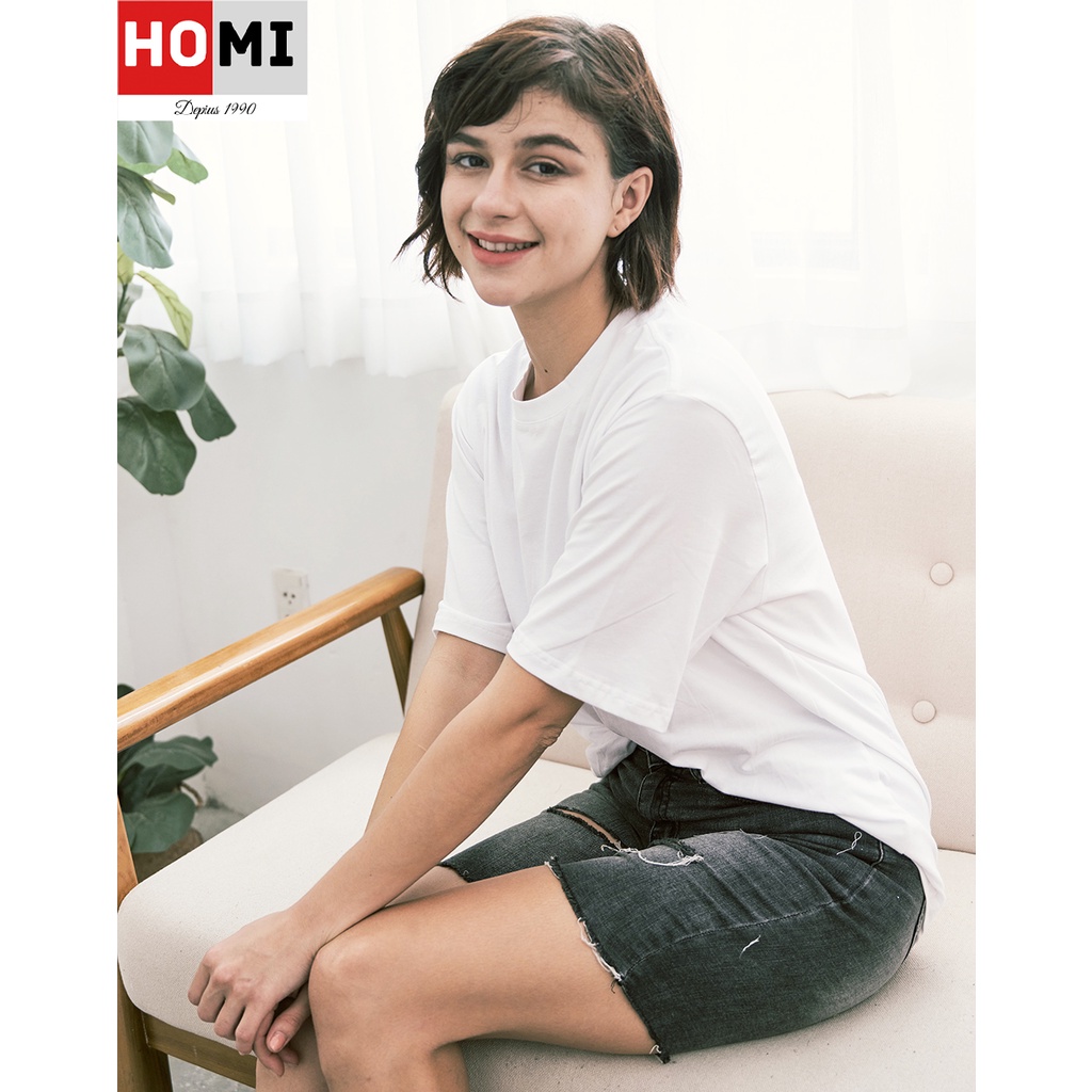 เสื้อยืด Unisex Plain Basic ผ้าคอตตอน 100% เสื้อเชิ้ตผู้หญิงแขนสั้นสีขาว-HMI Fashion