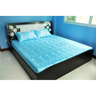 sandee 00114 ผ้าปูที่นอนผ้าแพร 6 ฟุต ลวดลายไทย วินเทจ fit sheet สีฟ้า