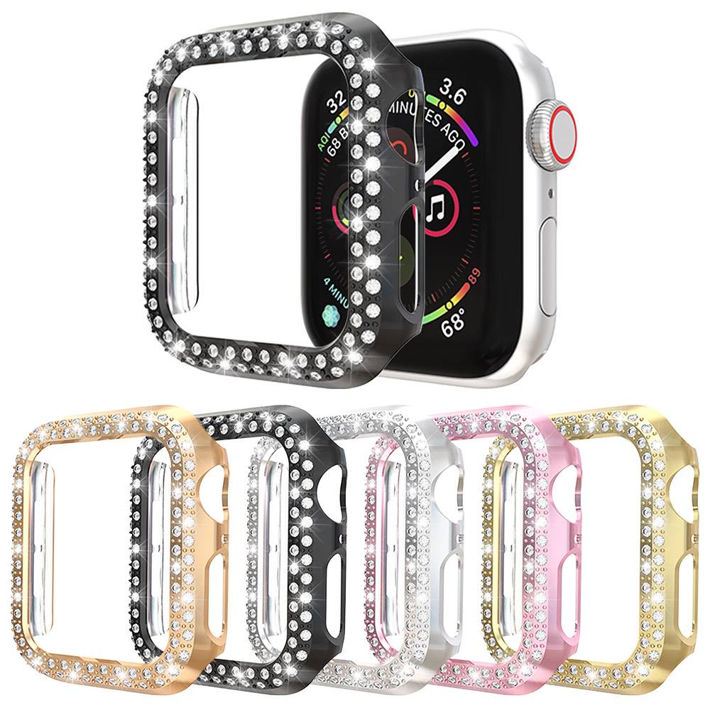 หรูหราสองแถวเพชรผู้หญิง PC ป้องกันสําหรับ Apple Watch Case Series 6 SE 5 4 3 Bling กันชน 40 มม.44 มม
