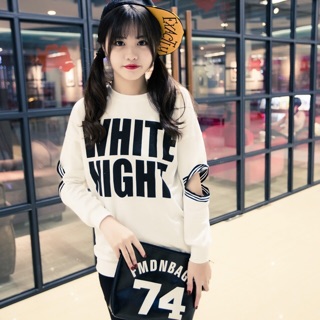 เสื้อแฟชั่น แขนยาว ผ้าฝ้าย แต่งแขนเก๋ๆ ลาย WHITE NIGHT รหัสสินค้า MY9667