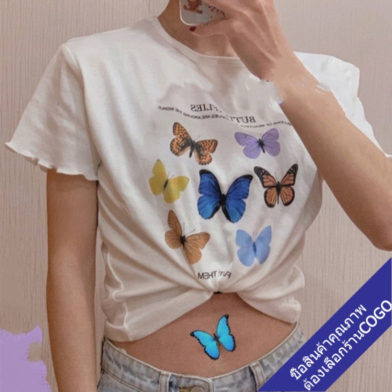 COGOพร้อมส่ง เสื้อครอปเอวลอยรัดรูป เสื้อผ้าแฟชั่นผู้หญิง รูปที่ 4