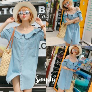 พร้อมส่ง/Denim dress เดรสเปิดไหล่ สายเดี่ยว คอปกน่ารัก มีเชือกผูกเอว