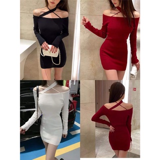 💜พร้อมส่ง*เเดรสไหมพรมเข้ารูปยืดทรงสวย สายคล้องคอ ตามแบบ งานหรูเซ็กซ๊่28602-
