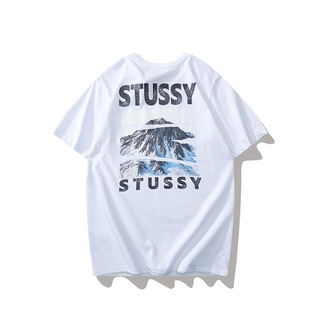 คนดัง Stussy เสื้อยืดคู่รักแขนสั้นพิมพ์ลายภูเขาหิมะ,เสื้อยืดคู่รักชายและหญิงฤดูร้อน คอกลม