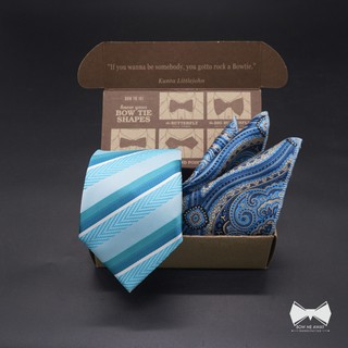 เซ็ทเนคไทลายฟ้าน้ำทะเล-เขียวมิ้นท์+ ผ้าเช็ดหน้าสูท-Blue-Green Diagonal Stripe Necktie+ Pocket square