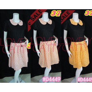 SALE++ (อก37)  ทองย้อย**d4449**Dressผ้าป่านทองย้อยคอบัว ปก+ปลายแขน+กระโปรงลายนก มีซับใน แขนสั้น ซิบซ่อนหลัง Lovely-Catty