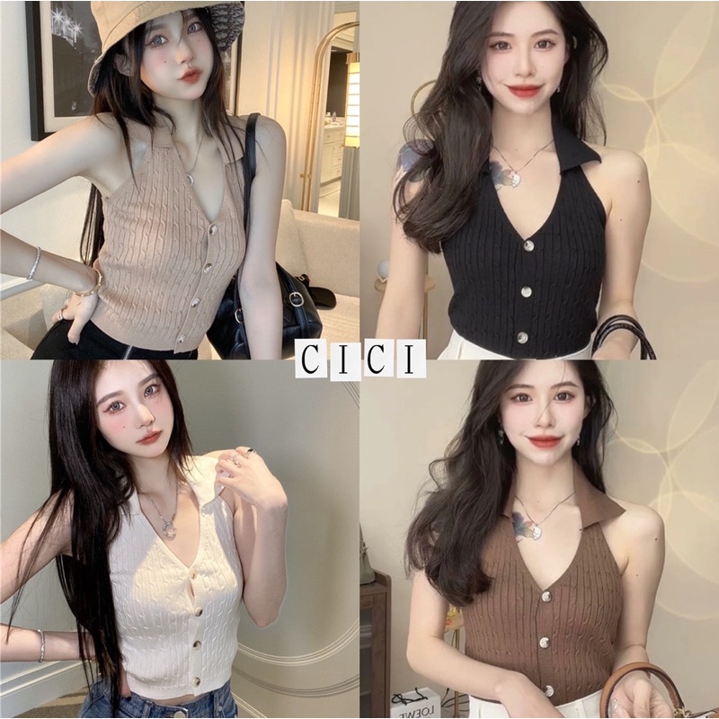 ส่งทันที Cici(NO. 88905)เสื้อคล้อง​คอ​ไหมพรม คอปก เว้าหลังกระดุมหน้า สายฝอแซ่บไฟลุกสุดๆ