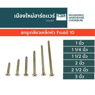 สกรูเกลียวเหล็ก หัว F เรียบ เบอร์10 ความยาวต่างๆ (ตะปูเกลียว) บรรจุ 50 ตัว เกลียวปล่อย