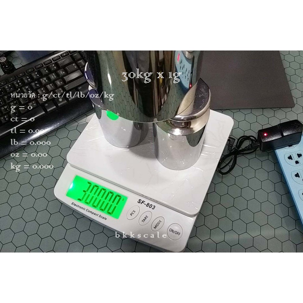 ล็อตใหม่หน้าจอสีฟ้า เครื่องชั่ง 40kg x 1g เช็ค + Calibrate ด้วยตุ้ม Class F2 คลาดเคลื่อน < M2 ดูรูป