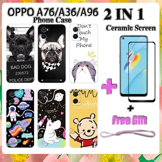 2 IN 1 OPPO A76 A36 A96 เคสโทรศัพท์ พร้อมกระจกนิรภัย เซรามิค ป้องกันหน้าจอ โค้ง ฟิล์มนิรภัย การ์ตูน