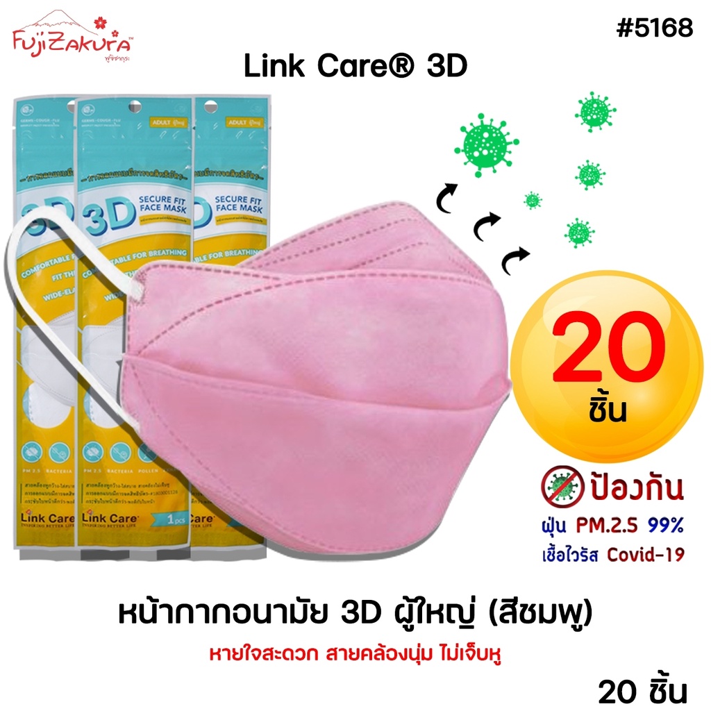 หน้ากากอนามัย 3 มิติ ผู้ใหญ่ สีชมพู *ยกแพค 20 ชิ้น*Link Care 3d Mask หน้ากากอนามัยป้องกันไวรัสและฝุ่นPM 2.5 3D FACE MASK