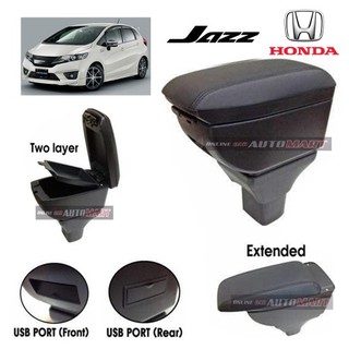 Honda JAZZ 2014 กล่องคอนโซลกลางที่เท้าแขน PVC ปรับได้ หนังสีดํา 4 USB