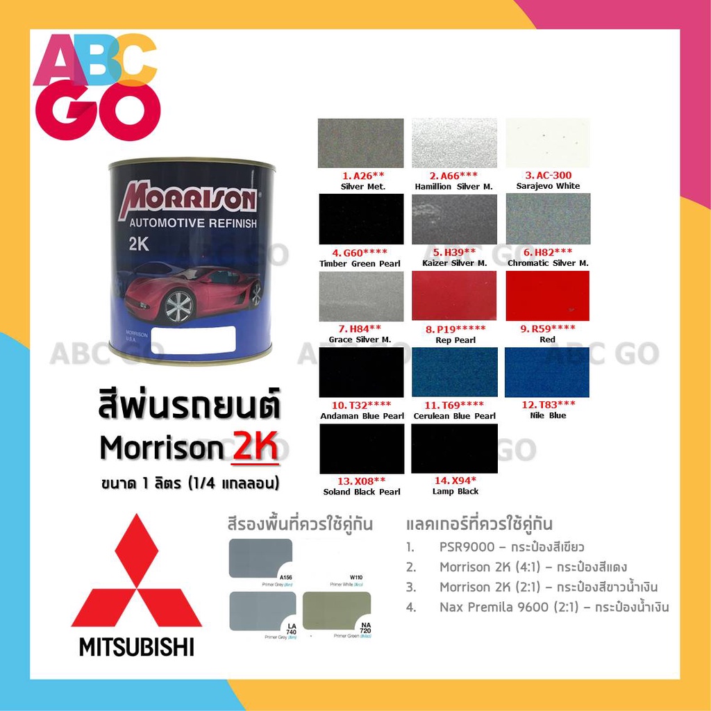 สีพ่นรถยนต์ 2K สีมิตซู Mitsubishi สีมอร์ริสัน สีแห้งเร็ว สีใส่กา 1 ลิตร - MORRISON 2K Mitsubishi Aut