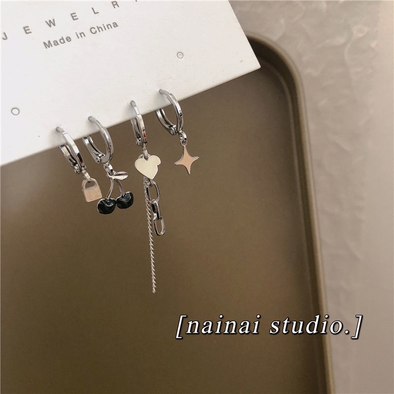 4PCS Black Cherry Earrings Set Simple Design Peach Heart Chain Earrings ราคา ถูกที่สุด ดีลบีเคเค