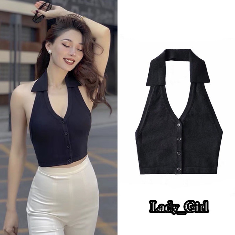 Lady_Girl⚡️708-3/DHL.AA#เสื้อเเฟชั่นเเขนกุดเว้าหลัง#เสื้อครอปคอปกเเต่งกระดุมหน้า4เม็ด