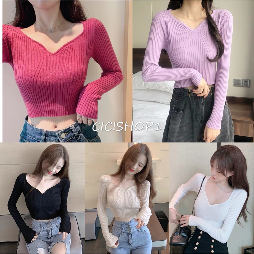 ส่งทันที Cici ❣🇹🇭🚚พร้อมส่ง❣(NO. 5953)เสื้อครอปแขนยาว คอกว้างผ่ายาววี งามแฟชั่นสุดฮิต