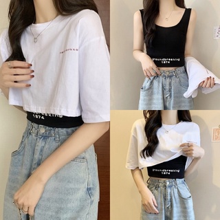 🚨FC พร้อมส่ง🚨เสื้อครอปแฟชั่น 2 ชิ้น เสื้อกล้ามสีดำสกรีนตัวหนังสือ เสื้อยืดครอปแขนสั้นสีขาว