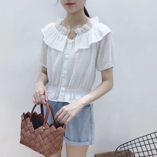 🍓พร้อมส่ง🍓เสื้อสีพื้นผ้าฝ้ายคอระบาย