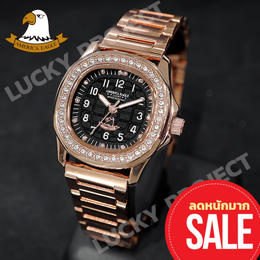 America Eagle นาฬิกาข้อมือผู้หญิง ราคาถูก แถมกล่องนาฬิกา รุ่น 8036L สายพิ้งโกลหน้าดำ